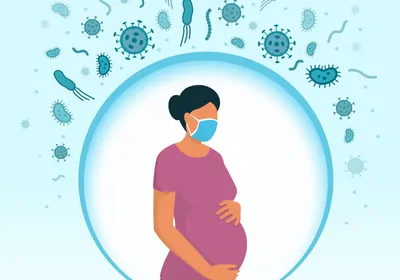 An illustration of a pregnant women wearing a mask, surrounded by microbes An illustration of a pregnant women wearing a mask, surrounded by microbes